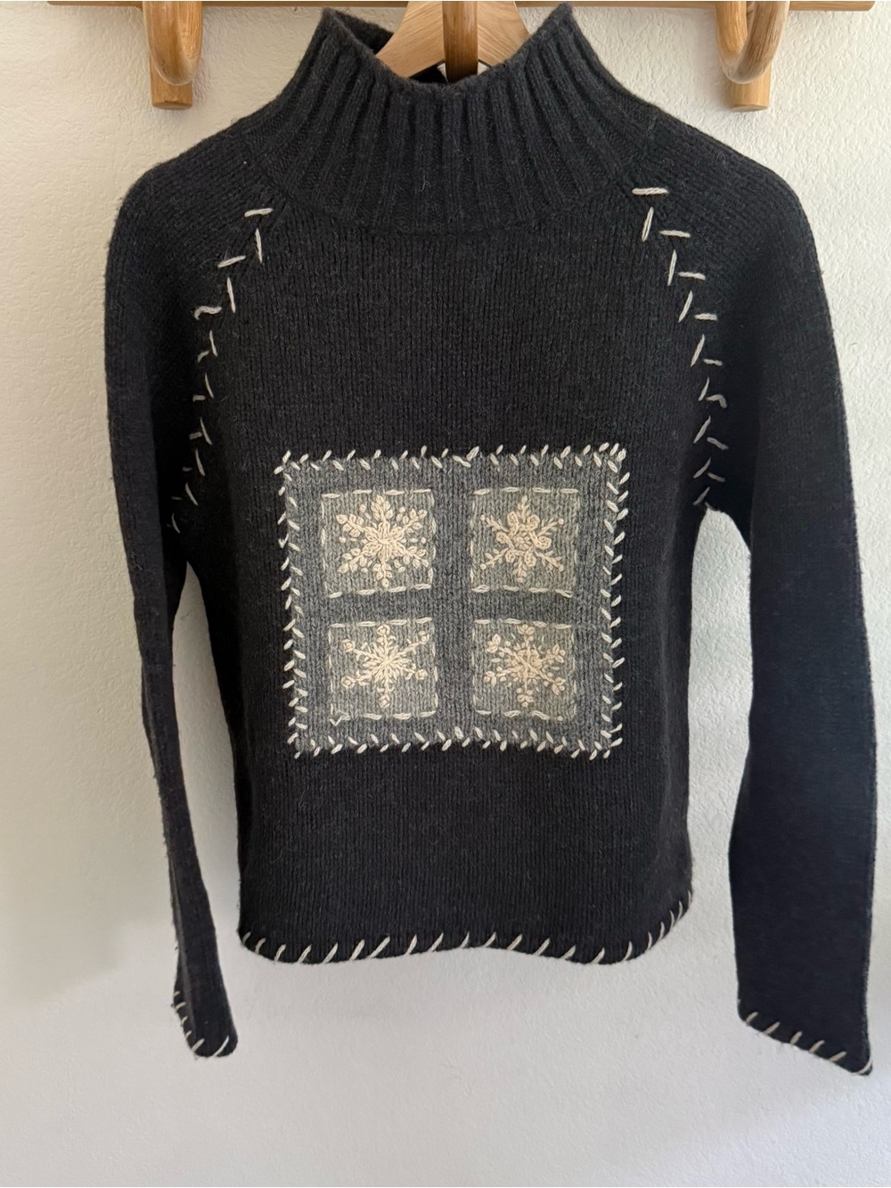 Herman Geist whimsigoth retro gray 100% wool mock neck sweater patchwork size M